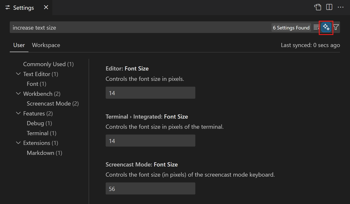 Screenshot that shows the Settings editor showing AI-generated suggestions for settings.